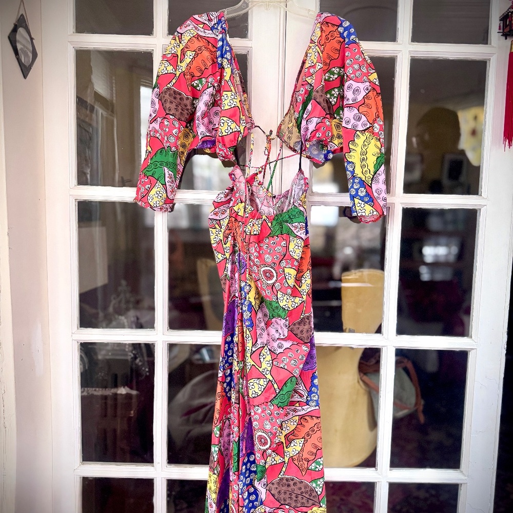 Mara Hoffman Maxi Floral Cut-Out Shaina Puff-Sleeve Dress Organic Cotton Sz. L - Picture 5 of 12